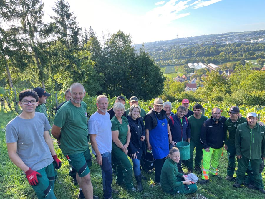 Gruppe der Erntehelfer im Weinberg der KJF Werkstätten mit Bischof Rudolf.