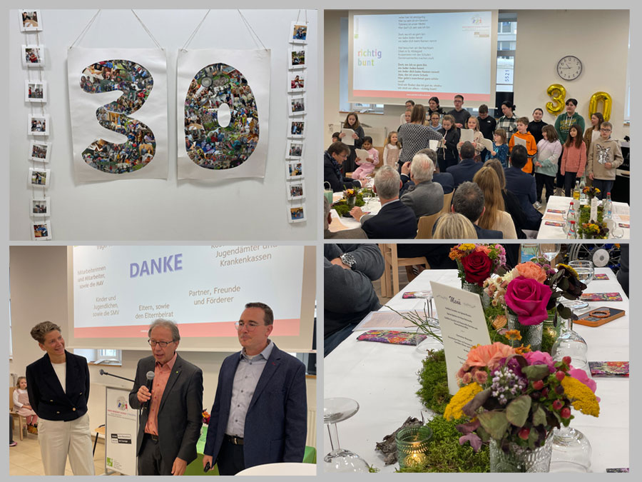 Vier Bilder in einem mit Tischschmuck, Schülerchor, Abteilungsleiterin Chiara Thoma und Fachberater Bertin Abbenhues und der Zahl 30 aus Fotos von Schülern gestaltet